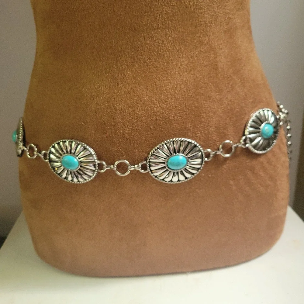 Silver Faux Turquoise Concho Chain Belt Adjustable 36 Inch Western Cowgirl